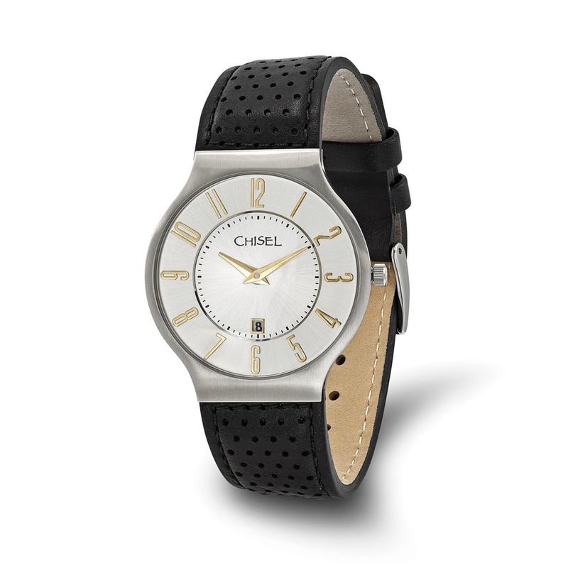 Chisel Mens Stainless Steel White Dial Black Leather Watch